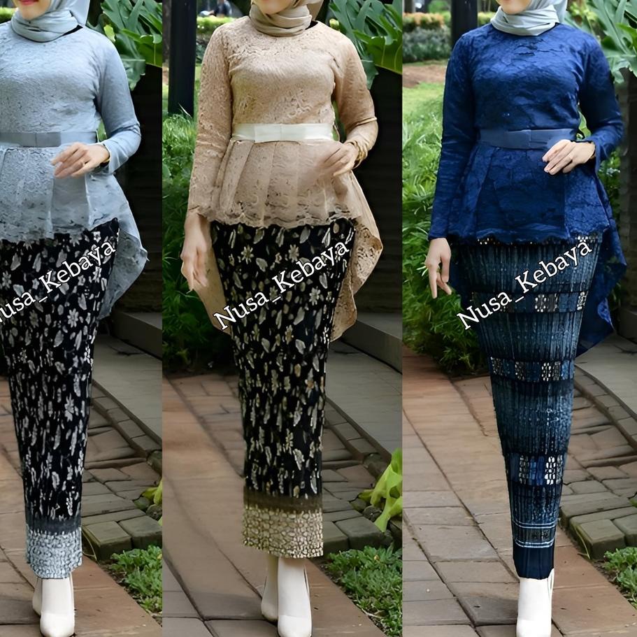 Grosiran Murah Real Pict Kebaya Pinguin Setelan Kebaya Brokat aurora Mix Rok Plislet Warna Mocca Gol