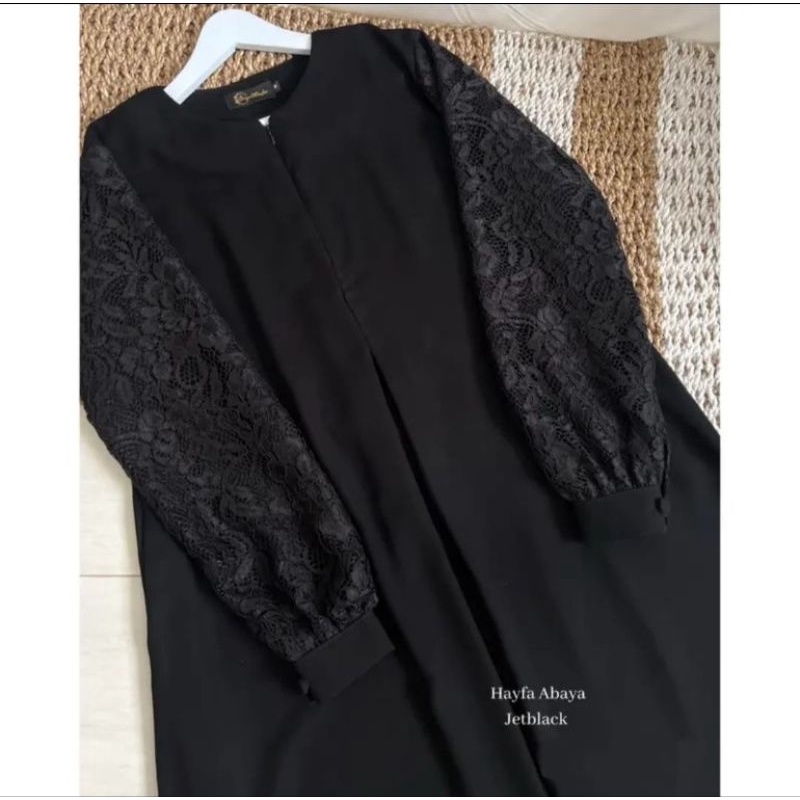 Abaya Hayfa Jetblack premium kombinasi brokat Hitam premium
