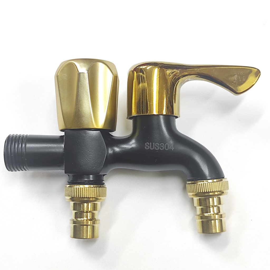 Kran air Taman Cabang Double SUS 304 Keran air Tembok Hitam Gold MC Shower Bahtroom Faucet 2 outlet