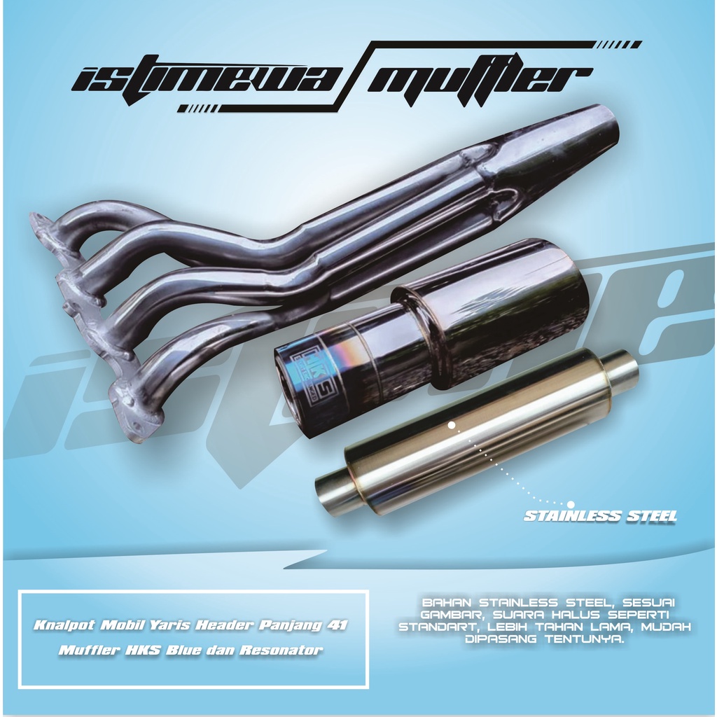 Knalpot Mobil Yaris Header Panjang 41 Muffler HKS Blue dan Resonator