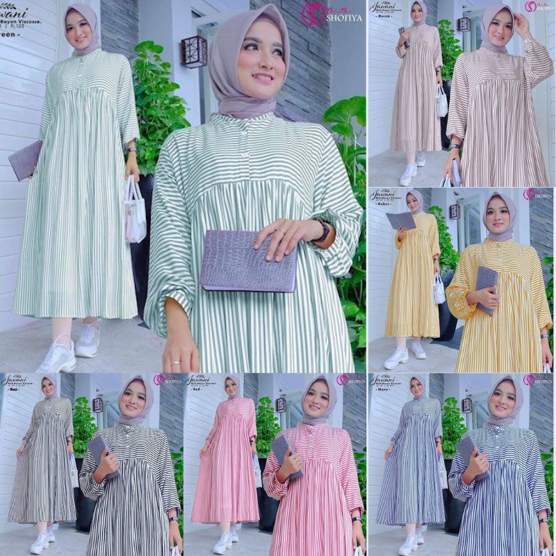 Midi Dress Wanita Muslim Jumbo Korea Katun Motif Salur Garis Terbaru