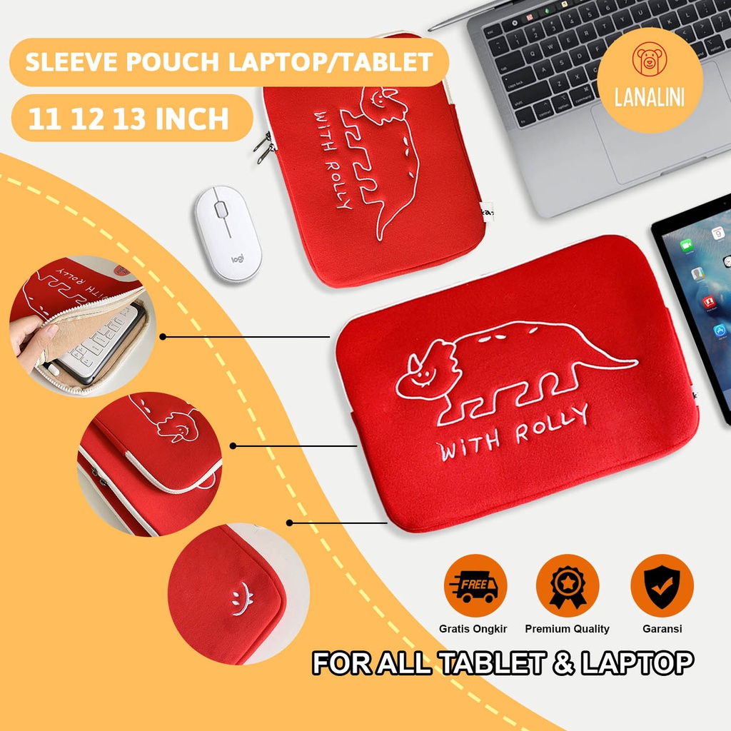 Sleeve Pouch Sarung Tas Bag Case Ipad Tab Tablet Macbook Air Pro Laptop Asus Acer Lenovo HP Huawei 11 12 13 14 15 inch Motif Gambar Dinosaurus Warna Merah Lucu Cute Murah Korean Model