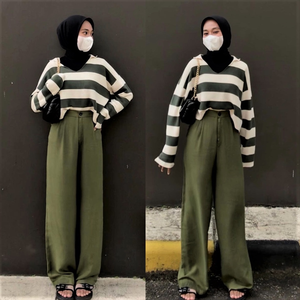 One Set Wanita / Pashmina + Sweater Fuji + Kulot Haighwaist / Setelan Wanita / Setelan Wanita Kekini