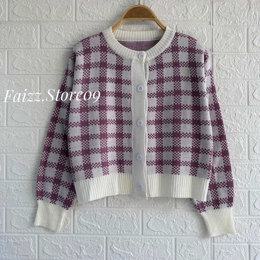 MAYA CARDIGAN RAJUT KANCING CROP TOP MOTIF KOTAK KOTAK