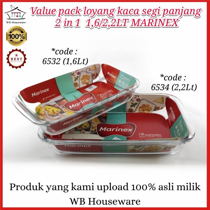 Terlaris Loyang Kaca Segi Set Isi 2 Marinex / Vlue Pack Prasmanan 1,6/2,2Liter