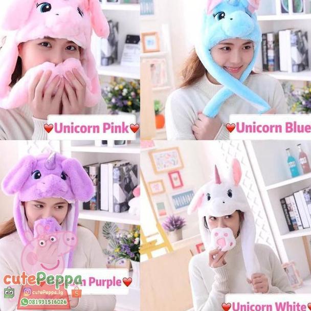 Topi unicorn tik tok bulu boneka telinga bergerak import hoodie kupluk