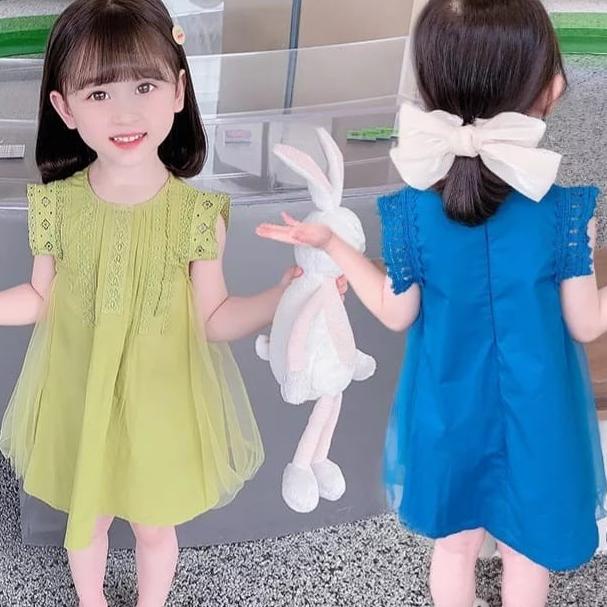 Dress anak import set pita biru tosca hijau brokat tutu gaun casual ka