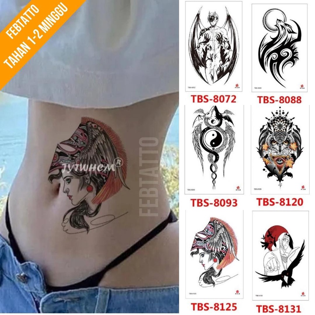 Tato Temporer Ukuran 12cmx19cm Motif Aesthetic Tatto Temporary Stiker Tato Halal Grosir Tato air motif serigala, perempuan, burung hantu, devil, yin yang TBS 8125