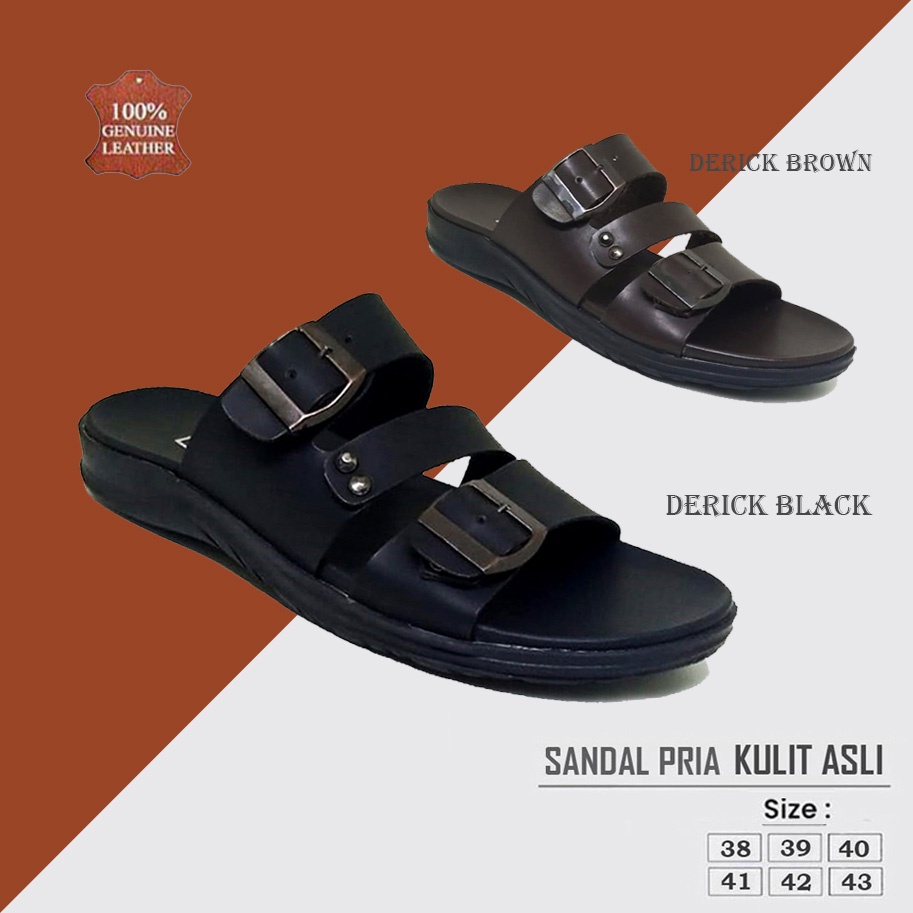 DERICK X ZAGIB | Sandal Pria Kulit Asli Full Black &amp; Brown / Sendal Flat Cowo Style