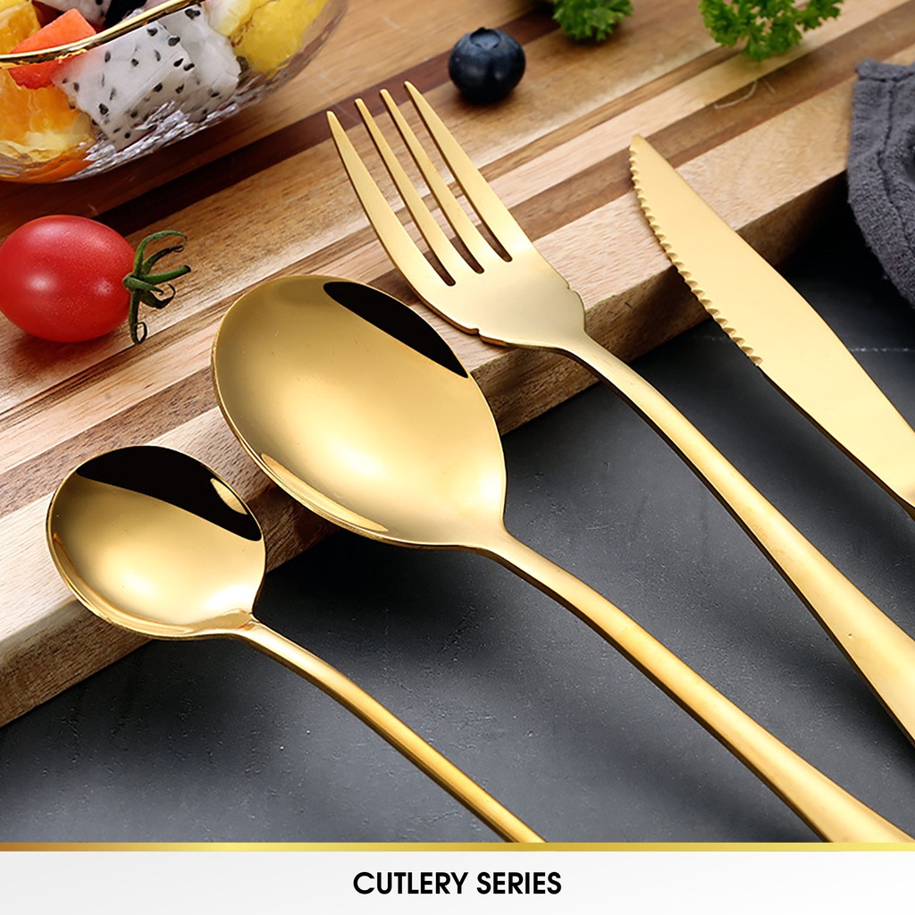 CROWN Sendok Garpu Pisau Kecil Teh Alat Makan Sujeo Korea Spoon Fork Knife Tebal Stainless Emas Tebal Gold Korea Premium Food Grade