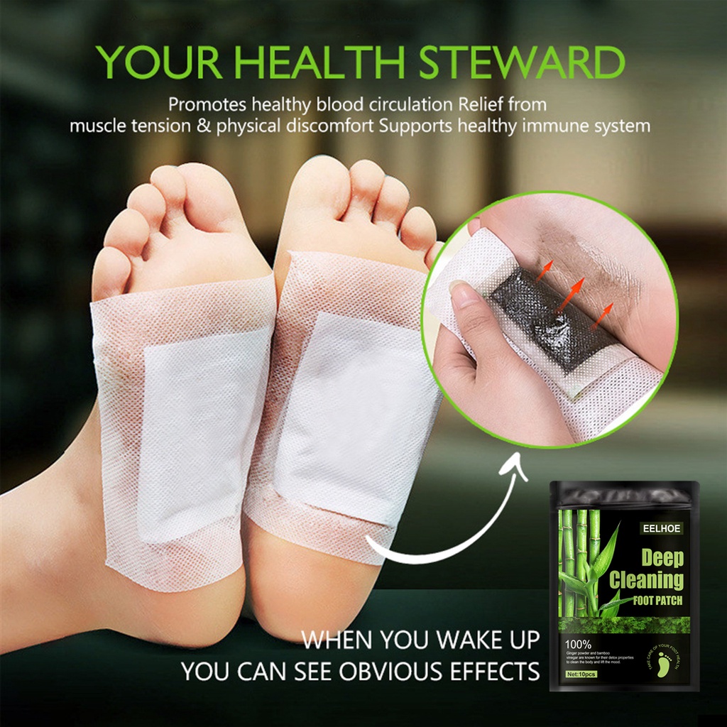EELHOE Koyo Kaki Detox Foot Pads 10pcs Alami Bambu Foot Patch Detoksifikasi Pelangsing Dehumidification Menenangkan Tidur Koyo Kesehatan Ampuh Deep Cleaning Foot Patch