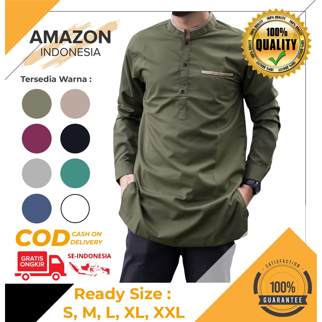 BAJU KOKO PRIA LENGAN PANJANG WARNA ARMY BAHAN KATUN TOYOBO PREMIUM HIGH QUALITY MUDAH MENYERAP KERINGAT