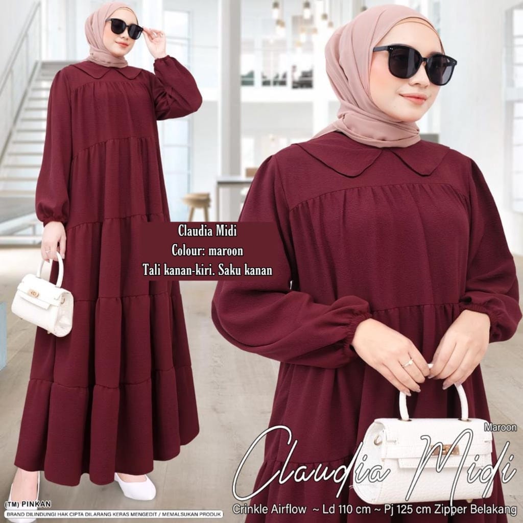 CLAUDIA MIDI DRESS Baju Pakaian Gamis Wanita Cewek Perempuan Muslim Dewasa Model Kekinian Jumbo