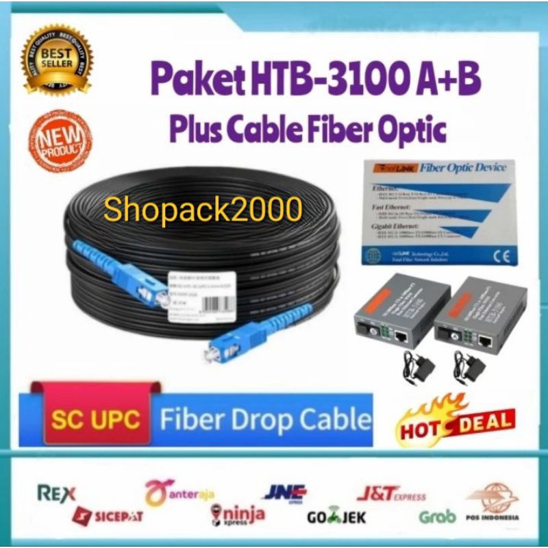 Paket Cable Fiber Optic 50 Meter + Media Converter HTB 3100 A+B