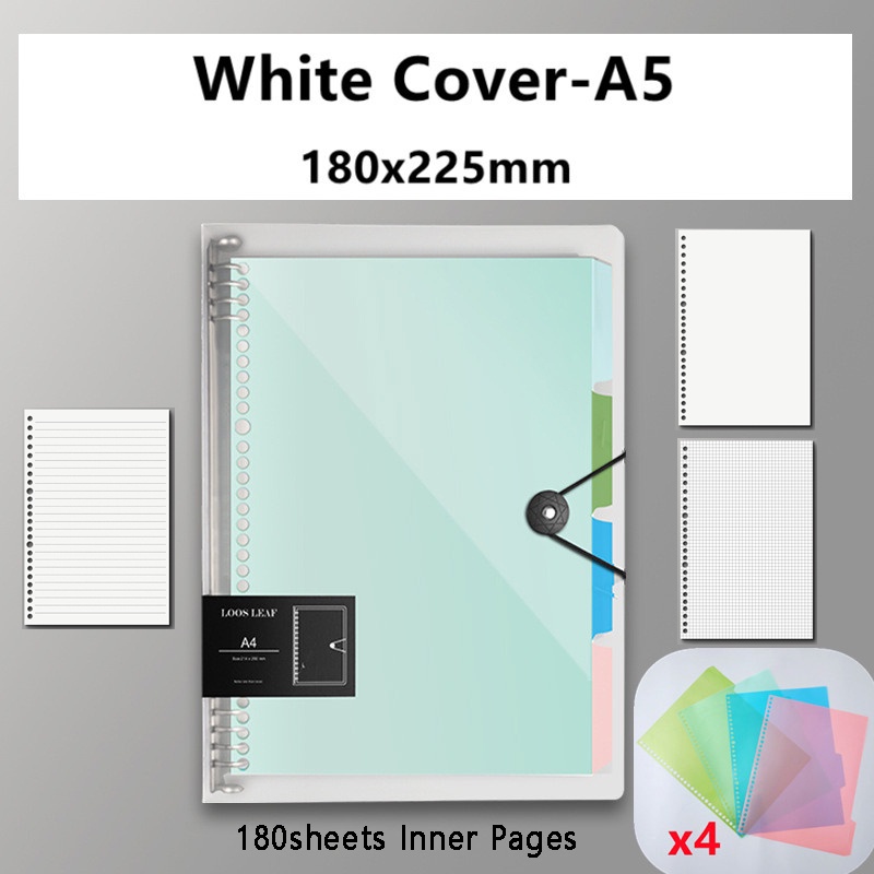 A5 Notebook Matte Binder Kapasitas Besar 180 Lembar Halaman Dalam Kosong / Garis / Kisi Daun Longgar Isi Ulang Studi Sederhana Notepad Spiral Ring Perencana Alat Tulis Buku