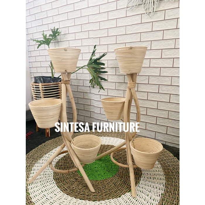 Vas Promo Pot Susun 3 Zigzag Rotan Alami Natural Murah