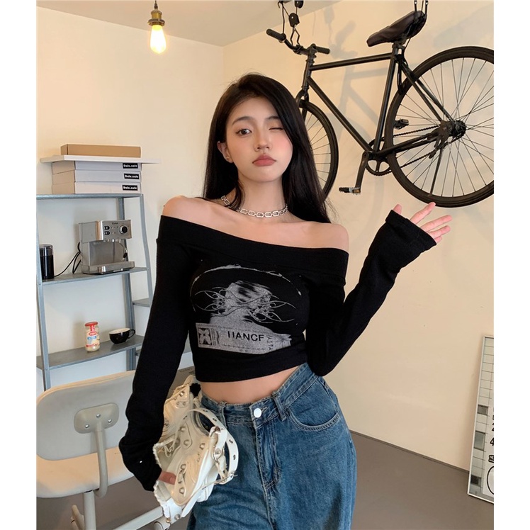 Red Black babes print one-shoulder inner wear women s spring short slim long-sleeve t-shirt off-the-shoulder bottoming shirt top ins