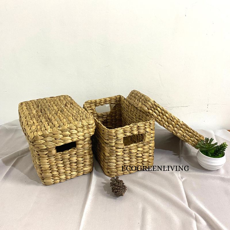 Storage Organizer Basket With Cover / box tutup / keranjang anyaman enceng 26X16X16 CM