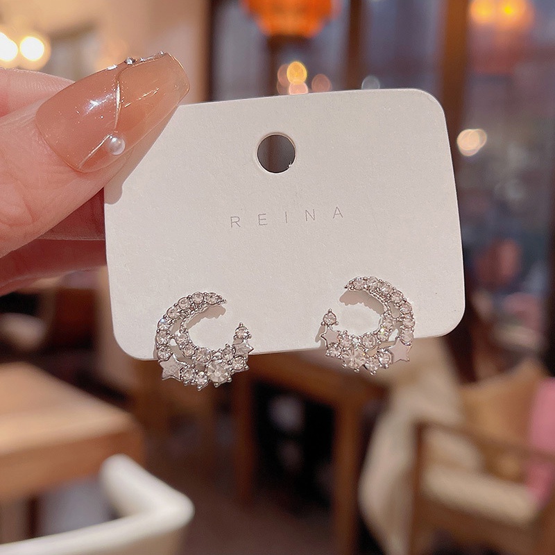 925jarum Perak Sederhana Anting Bulan Bintang Perempuan Penuh Berlian Anting Pejantan