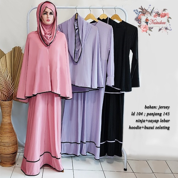 Dress Casual Gamis Syari Wanita Dewasa dan Remaja Baju Muslim Jersey Polos Sayap Hijab Ninja Hoodie Long Dress Variasi Lis Bahan Adem Busui Friendly Fit-XL-XXL