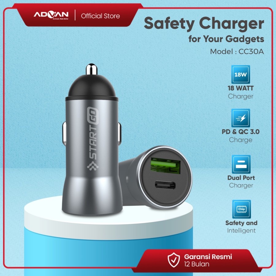 Car Charger Advan StartGo CC30A 18Watt 2Port USB A&amp;C 3 Ampere (H-406D)