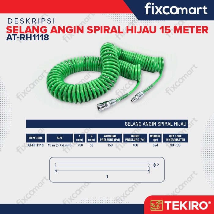 Tekiro Recoil Hose 15 M (5X8 Mm) / Tekiro Selang Kompresor Hijau 15 M