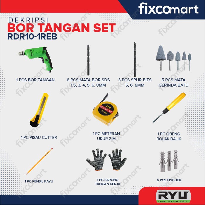 RYU Paket Mesin Bor Rdr 10-3 Reb 10 Mm Dan Mesin Gurinda Tangan 4 Inch Rsg 100-3