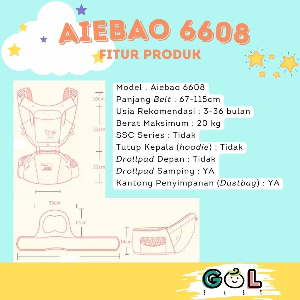 aiebao Gendongan Bayi Baby Carrier Hipseat Hip Seat Carrier Aiebao 6608(Jual 6609 6612 6618 6626 6627 6629)