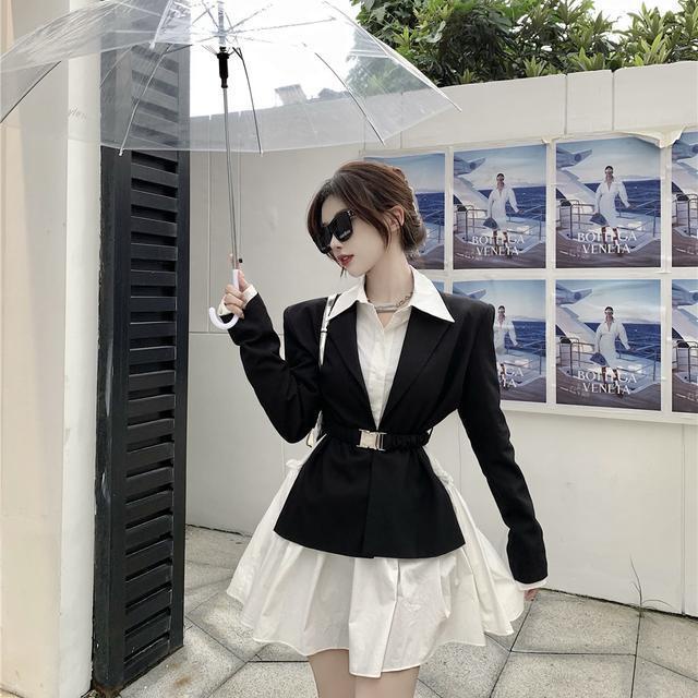 Red One-piece suit hitam kasual jas wanita slim pinggang temperamen baju kecil top lengan panjang baju kemeja