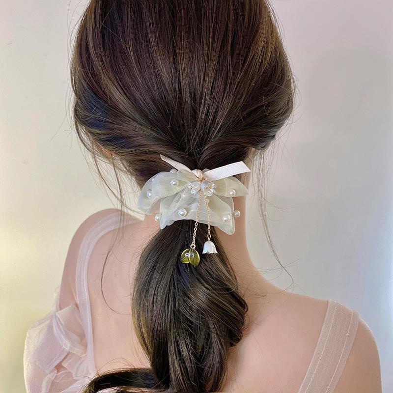 Caliloops Scrunchies Karet Ikat Rambut Bunga Tille Mutiara Korea Linet