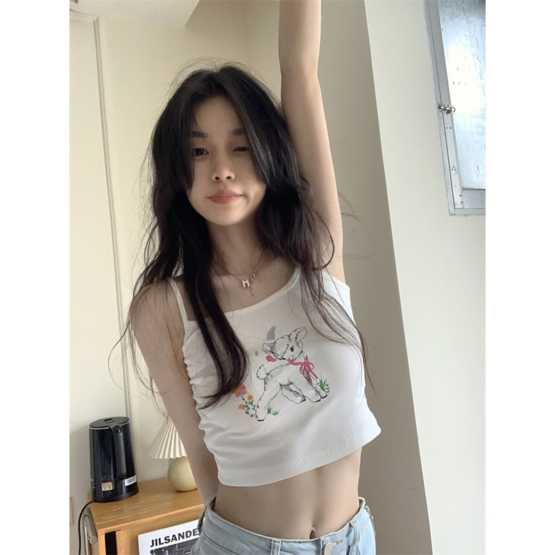 Red kumikumi lamb print camisole women s summer design sense small crowd outside wear slim slim short top