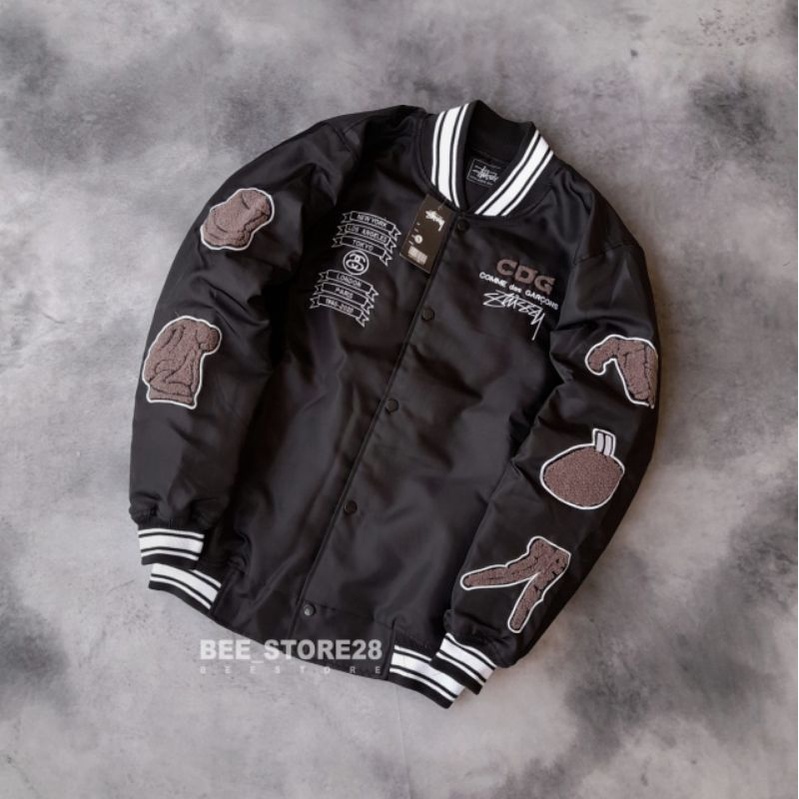 JACKET VARSITY CDG X STUSSY HITAM FULL BORDIR PREMIUM