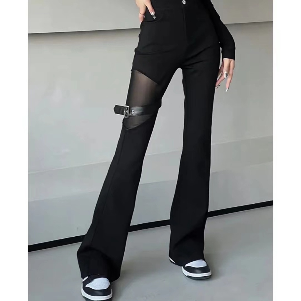 Red Spice Girls Sexy Black Pants Mesh Stitching Trend Personalized Bootstrap Pants Spring and Autumn Models Show High Temperament Serbaguna Kasual Wanita