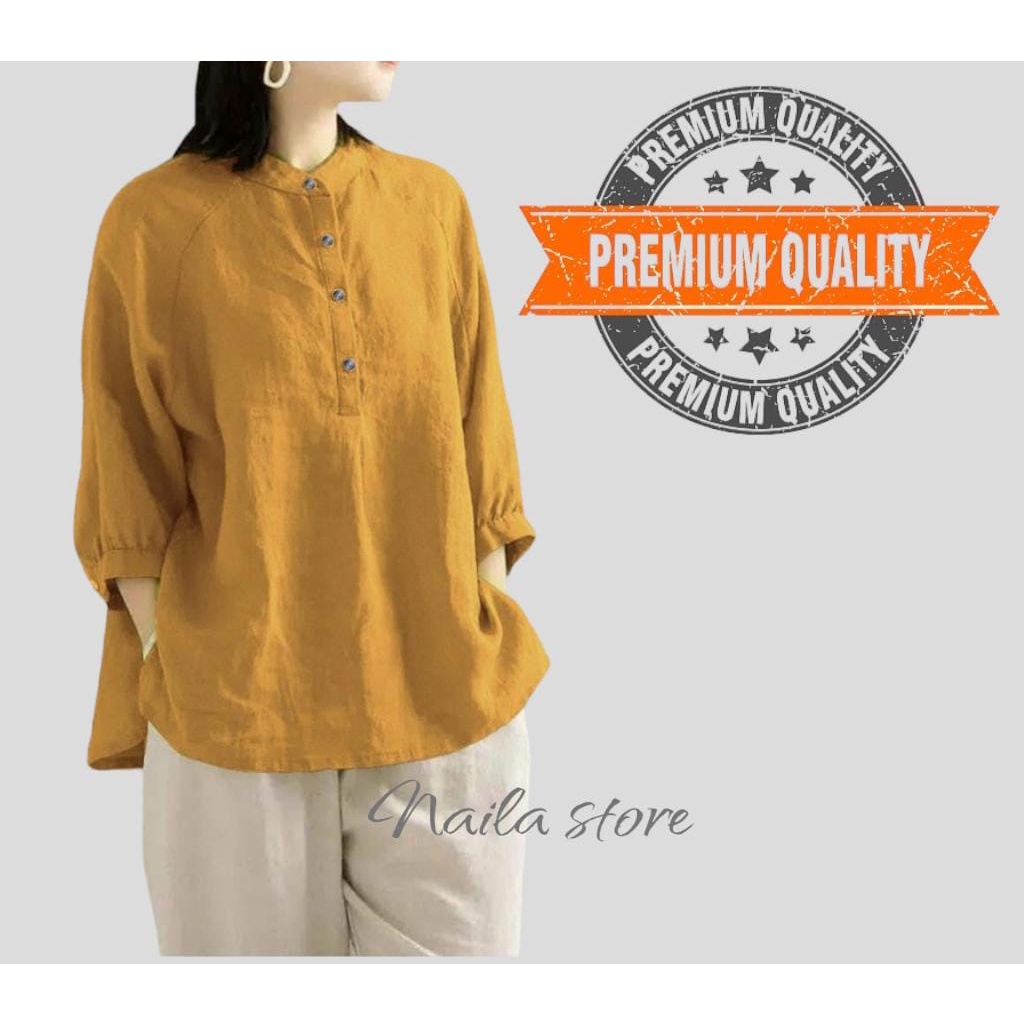 Kemeja Linen Wanita Kerah Shanghai Lengan 3/4 CERIA SHIRT Kancing Dada Hidup Jumbo Big size OOTD Remaja Dewasa Kekinian