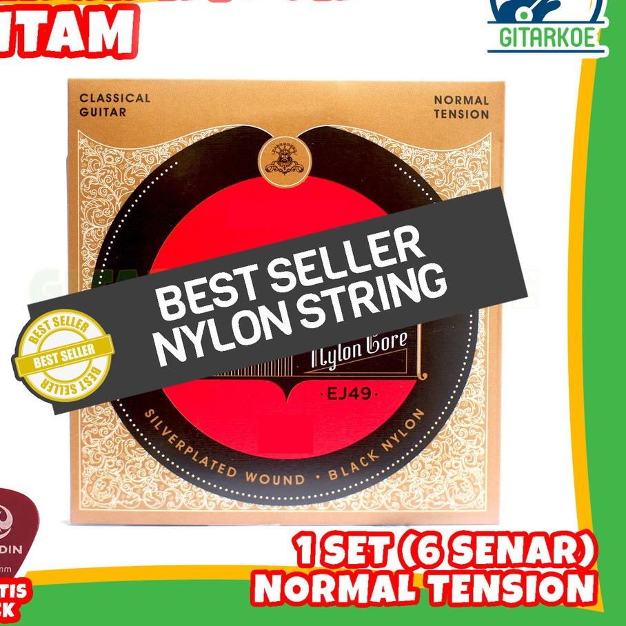 ✹ Senar Gitar Nylon Classic Nilon Hitam Klasik 1 Set EJ49 Normal Tension ➸