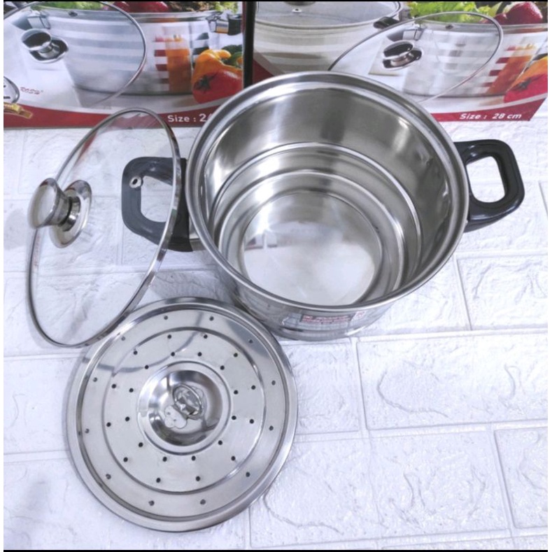 panci ROSH sauce pot steamer 28cm ORIGINAL / panci kukus kukusan stainless 28cm / saucepot rosh / panci soup rosh stainless tutup kaca 20cm 22cm 24cm 26cm 28cm