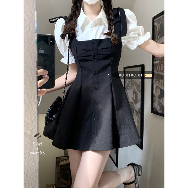 Red College Wind Suit Pendek Puff Lengan Kemeja Wanita Musim Panas Pinggang Suspender Gaun Temperamen Rok Two-Piece Set