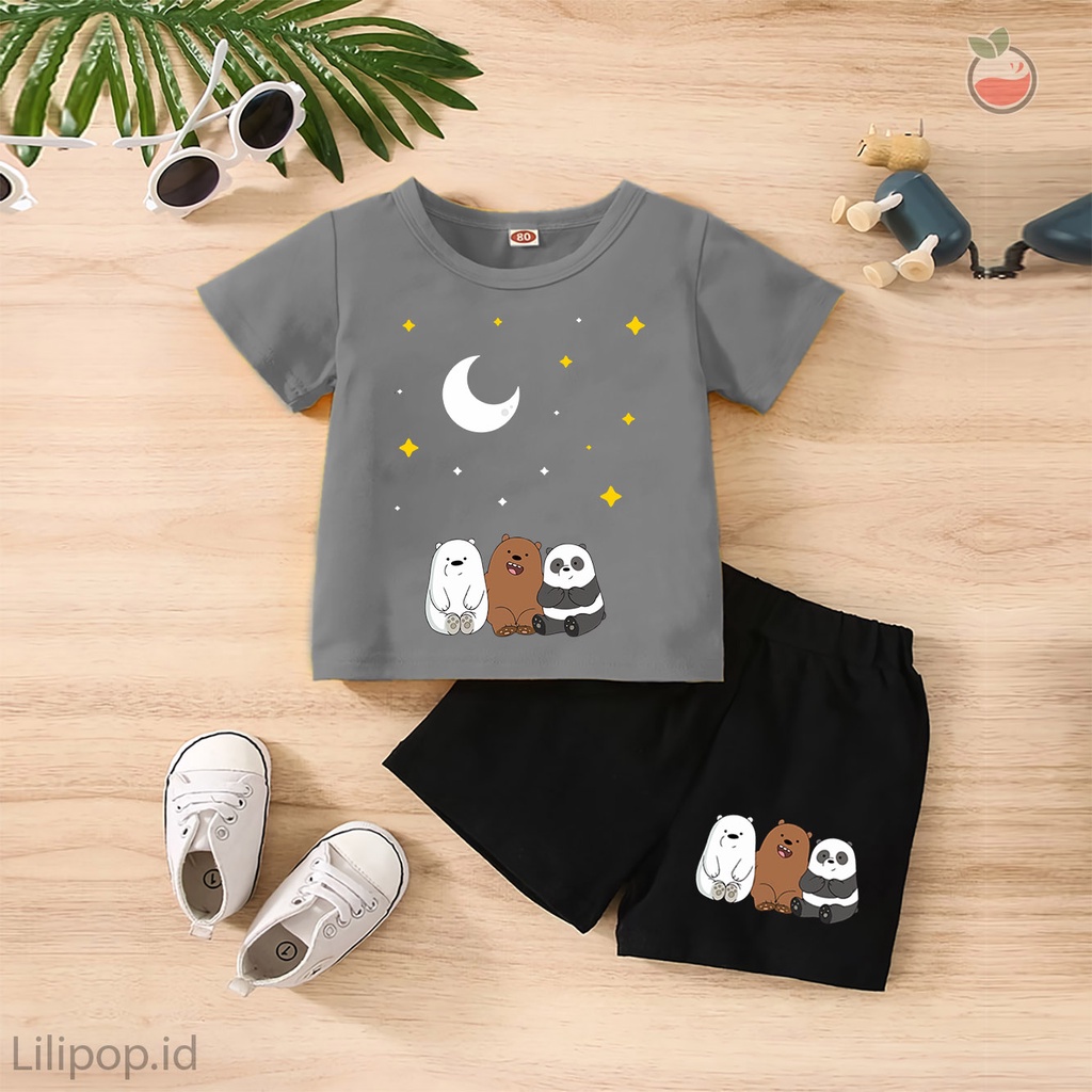 Baju Anak Stelan Kaos 3/4  PANDA Cowok Cewek  Usia 1 - 4 Tahun Celana Pendek Harian