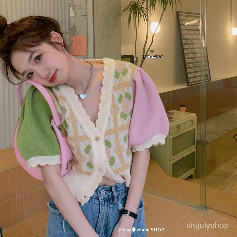 Kardigan rajut n-neck warna kontras wanita musim semi 2023 new loose short top wanita