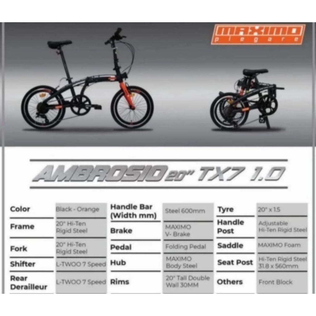 Sepeda Lipat Ukuran 20 Inch  MAXIMO PIEGARE AMBROSIO TX7 1.0 7 Speed