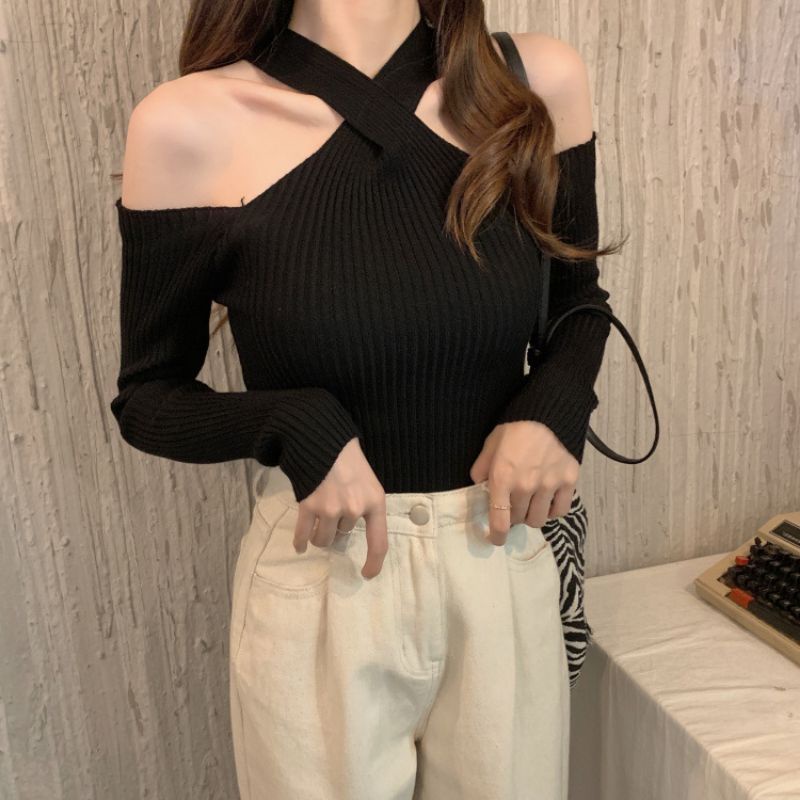 KNIT AVERYL ALAIA TOP KNIT ATASAN RAJUT WANITA Knitwear Fashion Korean Crop Long Sleeve Halterneck Knit Top Atasan Korean Style Wanita