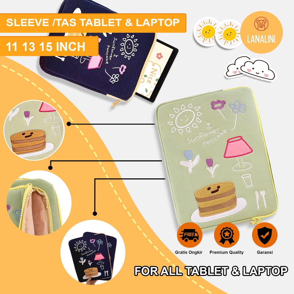 Sleeve Pouch Sarung Tas Bag Case Ipad Tab Tablet Macbook Air Pro Laptop Asus Acer Lenovo HP Huawei 11 12 13 14 15 inch Motif Gambar Sunflower Kartun Cartoon Warna Biru Navy Hijau Tosca Lucu Cute Murah Korean Model