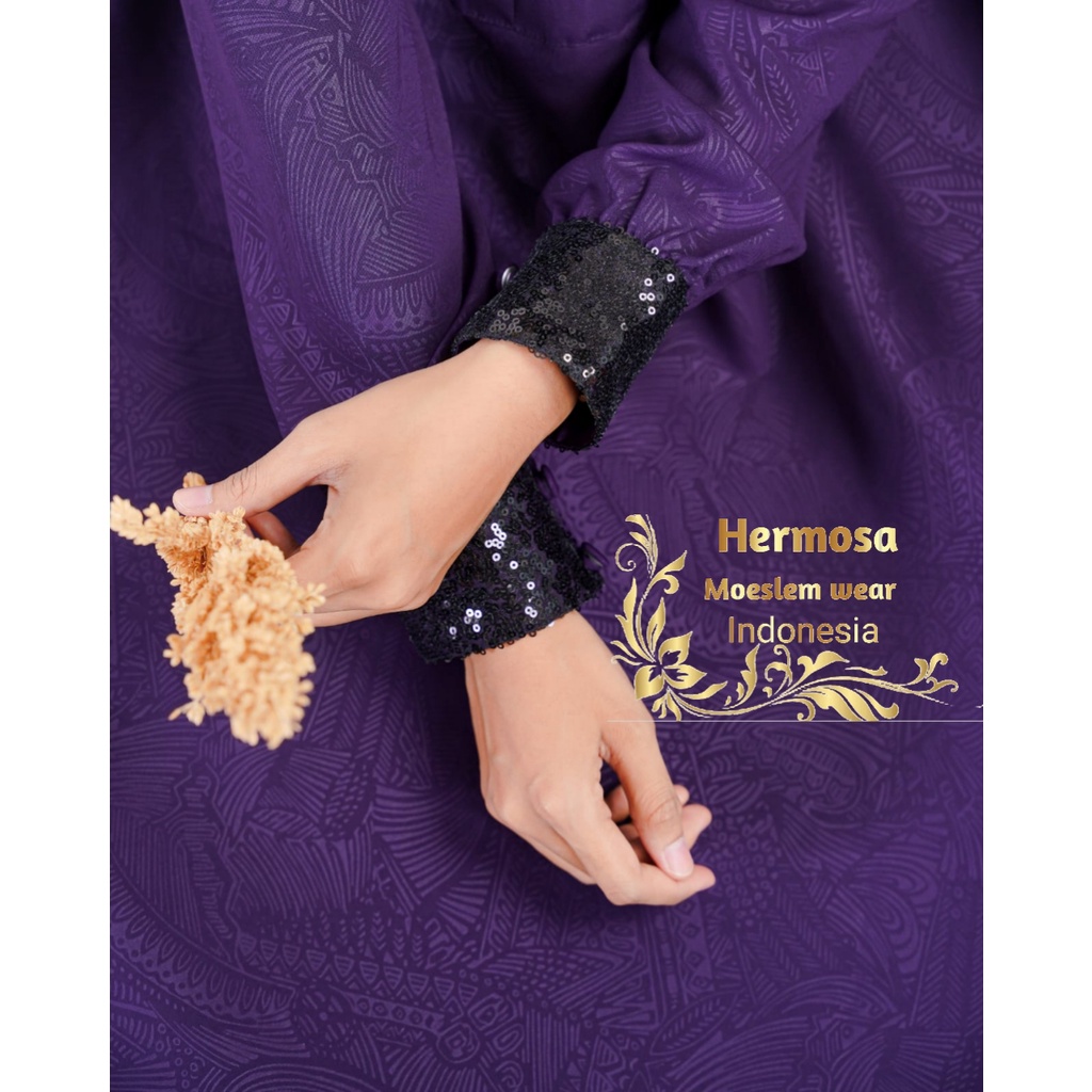 (Hermosa)Gamis hermosa motif Indian manset squin-Gamis ungu tua-gamis syari wanita-gamis ungu terong