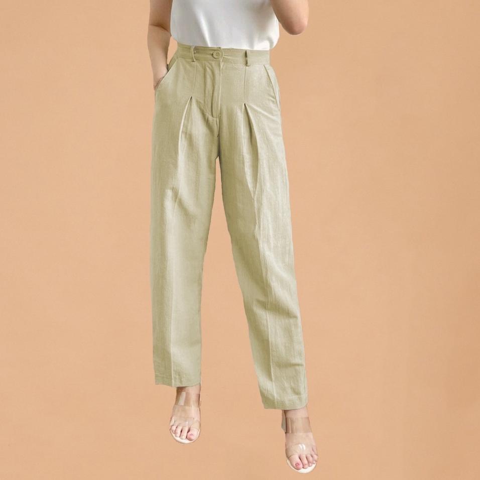 HARGA BERSAHABAT Linen Highwaist Beige Basic Pants Celana Wanita Baggy Pants