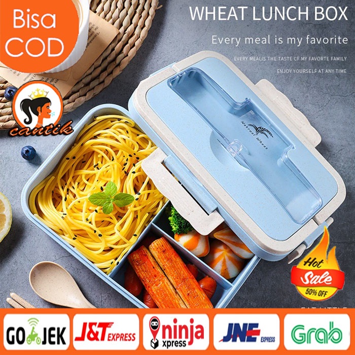 HC Lunch Box Set Kotak Bekal Makan Jerami Gandum kotak makan Anti Tumpah Free Sendok dan Garpu Tempat Makan Jerami Bento