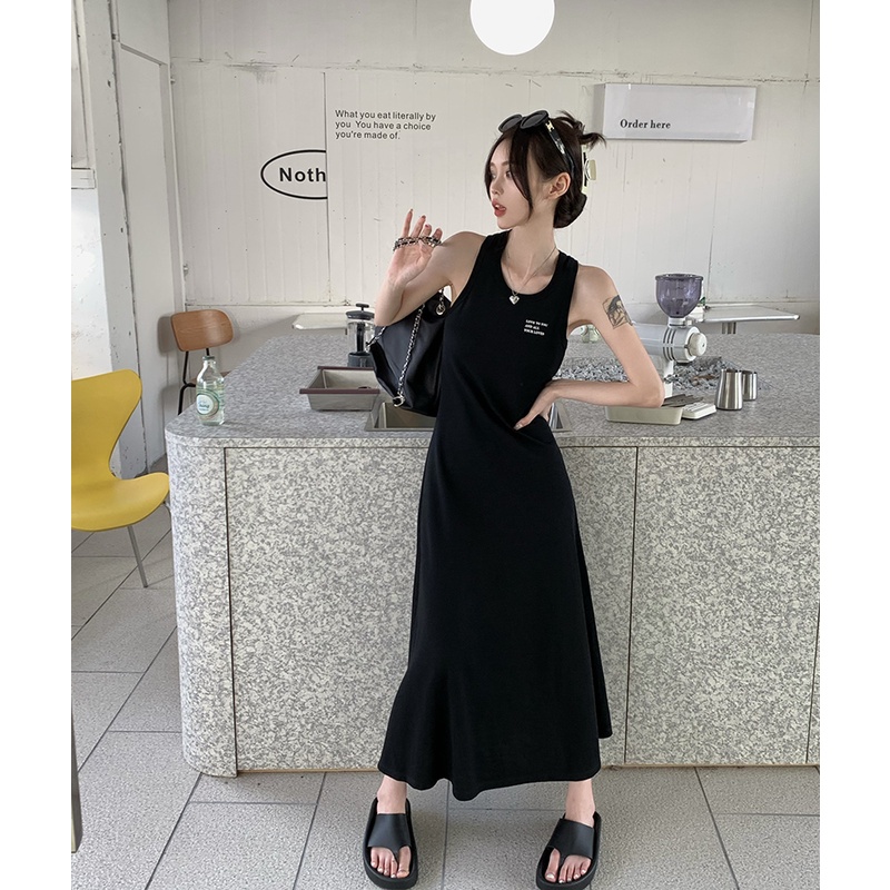 Red Kumikumi Hong Kong gaya rok retro chic musim panas wanita temperamen pinggang slimming suspender dress rok panjang hitam