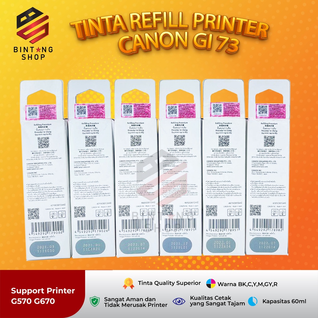 1 SET 6 PCS Tinta Canon Gi 73 Tinta Printer G670 G570