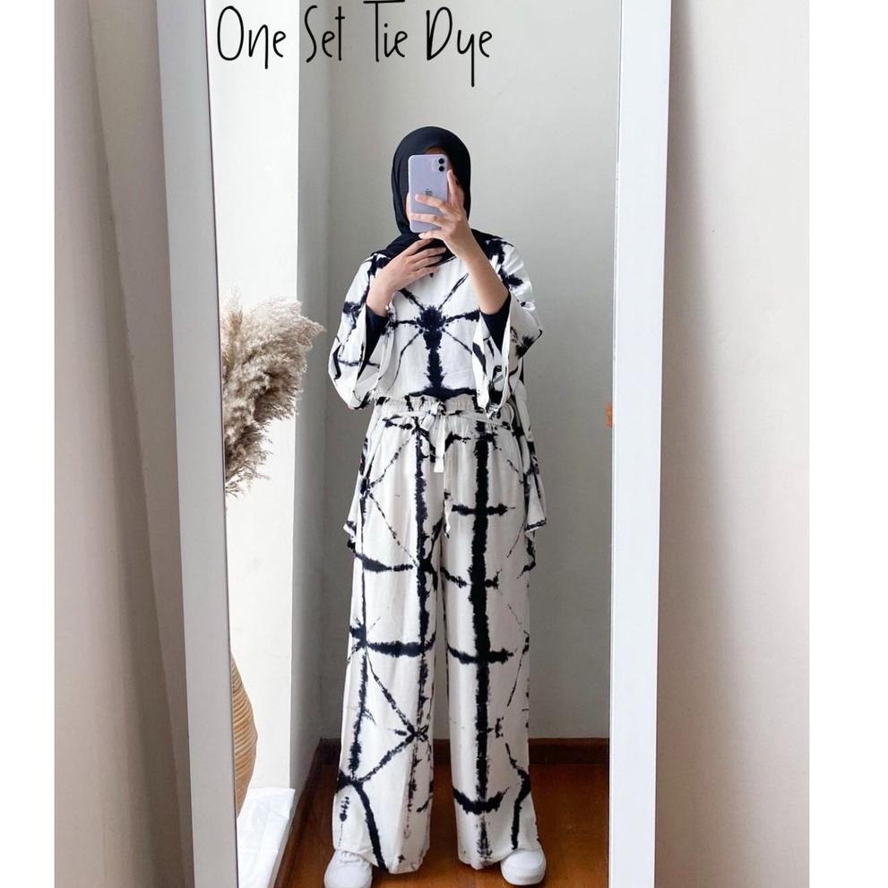 [ART. 0420 One Set Tie Dye Batik Kotak Hitam Setelan Shibori Jumputan Rayon Daily Set Jumbo Muslim C