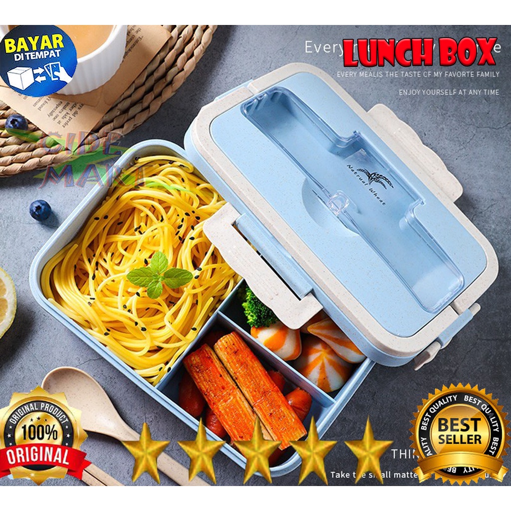 MC Lunch Box Set Kotak Bekal Makan Jerami Gandum kotak makan Anti Tumpah Free Sendok dan Garpu Tempat Makan Jerami Bento