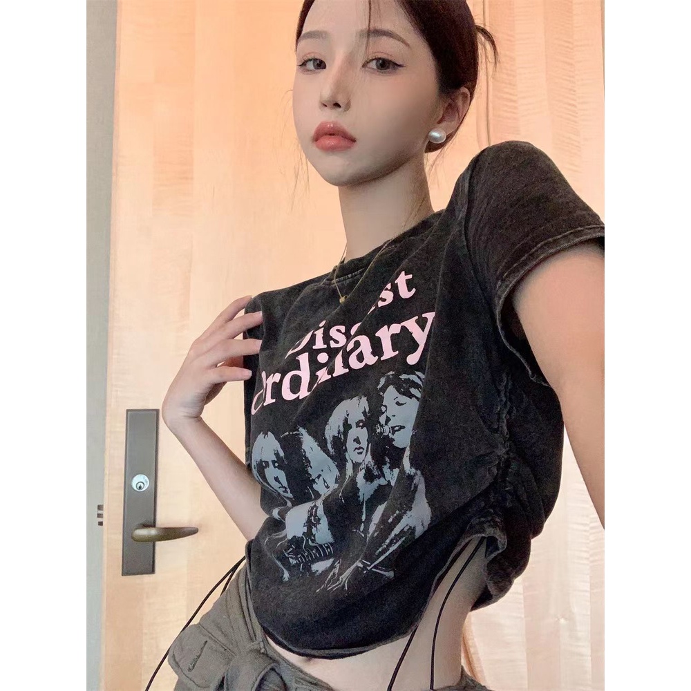 Red Retro old print couple lengan pendek t-shirt wanita musim panas rasa desain ceruk serut pendek hot girl pusar top